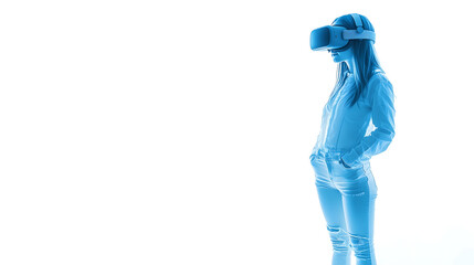 Young Girl Experiencing Virtual Reality with a VR Headset in a Minimalistic White Setting, Representing Future Technology and Immersive Experiences