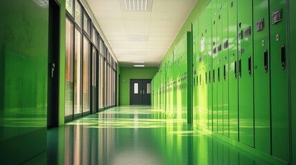 Green School Hallway with Lockers and Windows