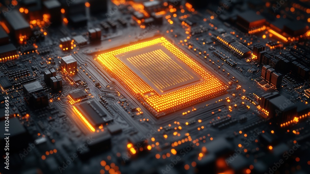 Poster a close-up view of a glowing computer chip on a circuit board.