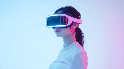 Young Girl Experiencing Virtual Reality with a VR Headset in a Minimalistic White Setting, Representing Future Technology and Immersive Experiences
