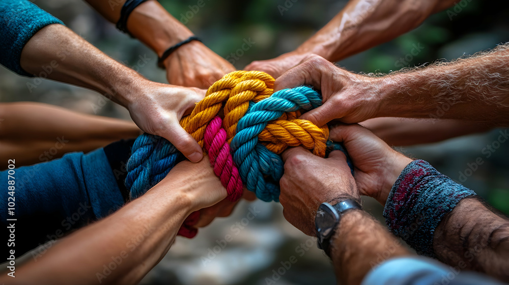 Poster hands gripping colorful ropes, symbolizing teamwork and unity.