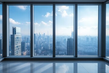 The view from the window captures a vibrant city skyline, featuring sleek skyscrapers and a clear sky, displaying the beauty of modern urban architecture.