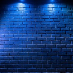 blue neon light on a brick wall at night