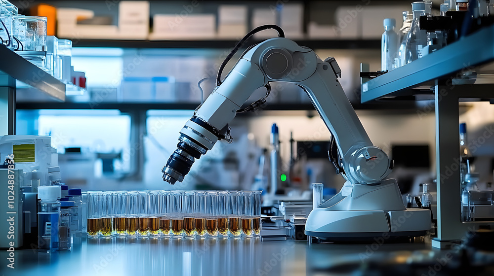 Poster a robotic arm performing intricate tasks in a laboratory setting, highlighting automation in researc