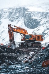 Excavator Working in Snowy Mountains