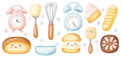Tiny pastel baking timers, dough hooks, and spatulas with cute faces in soft pastel shades for a sticker sheet