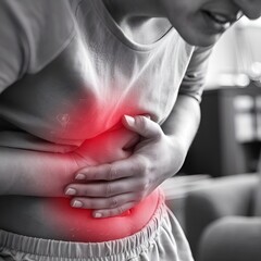 A close-up shot of a person's torso with their hand gripping their stomach,generative ai