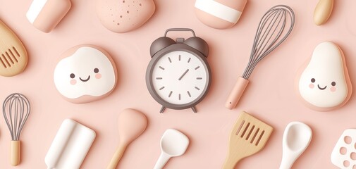Tiny pastel baking timers, dough hooks, and spatulas with cute faces in soft pastel shades for a sticker sheet