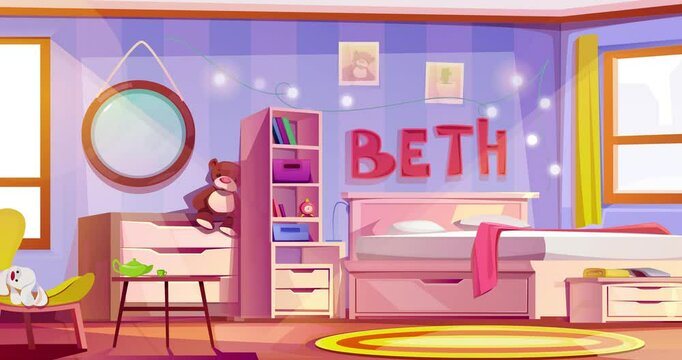 Girl bedroom interior design. Moving banner with cozy childrens room with bed, armchair, shelves for books and toys. Nursery room with beautiful decor and furniture. Cartoon flat animated graphics