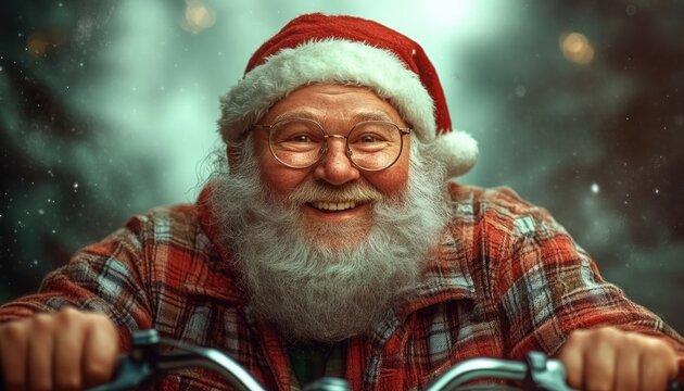 Hipster Santa Claus Rides Vintage Bike in Plaid Shirt for a Retro Christmas He's a Cool Santa Claus with a Vintage Bike and a Plaid Shirt for a Modern Christmas Perfect for Holiday Decor, Cards, and