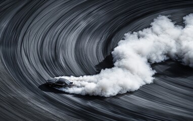 Top-down view of a car performing a high-speed drift, smoke billowing from tires, sharp curve on the track, exhilarating sense of motion
