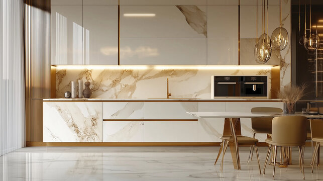 Minimalist kitchen in contemporary style in pastel colors