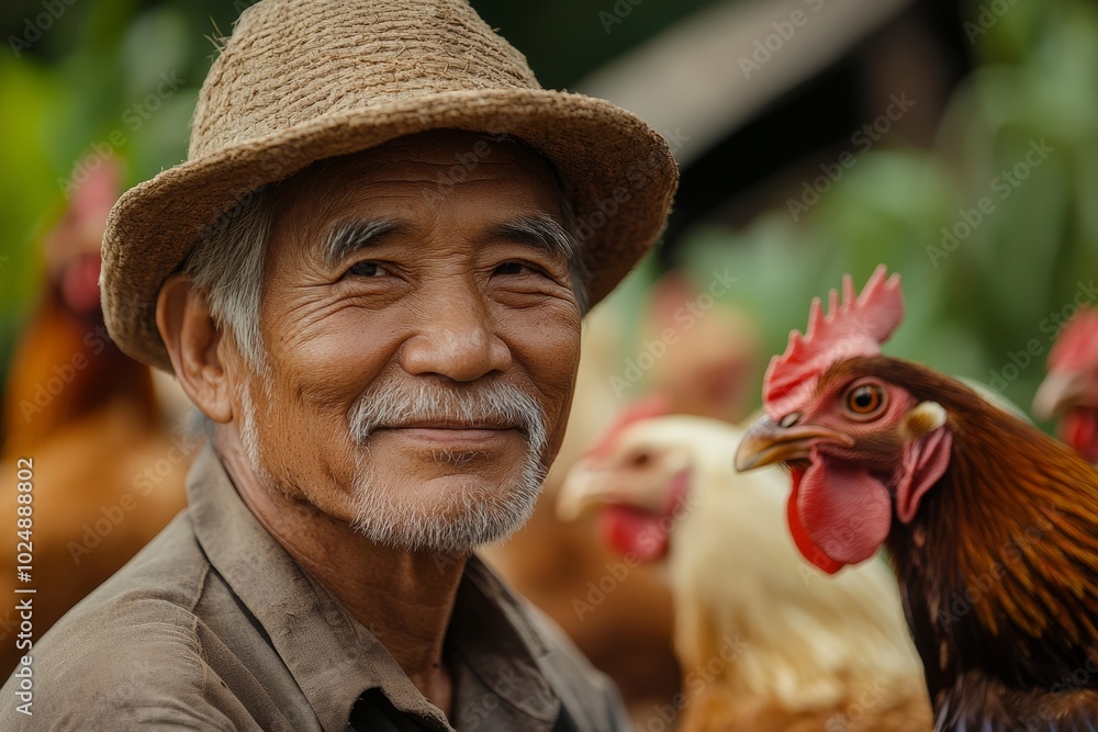 Poster man is standing in front of a group of chickens. he is smiling and he is happy. owner of a poultry f