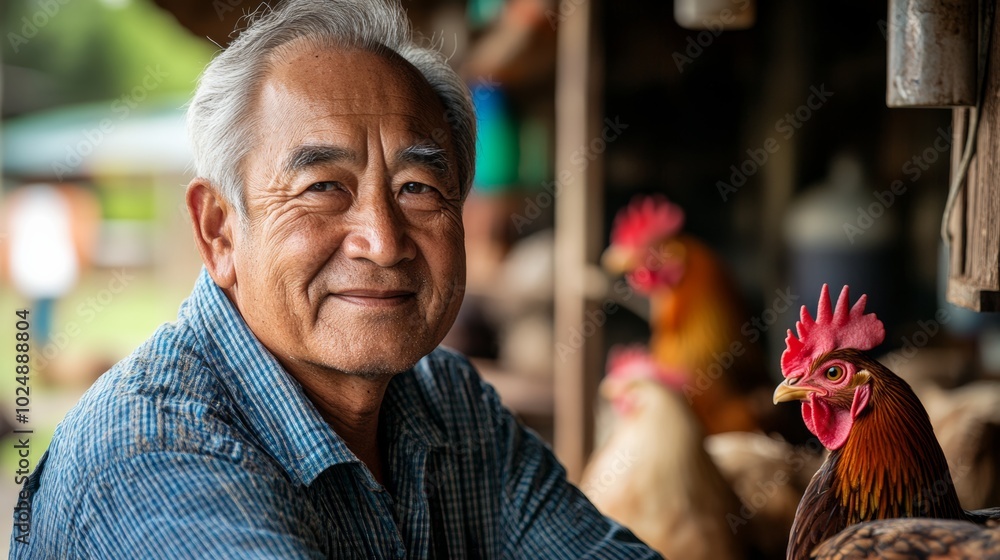 Poster man is standing in front of a group of chickens. he is smiling and he is happy. owner of a poultry f