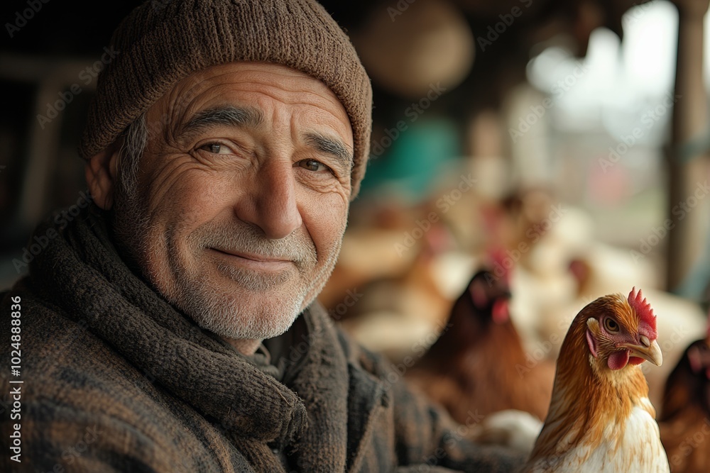 Poster man is standing in front of a group of chickens. he is smiling and he is happy. owner of a poultry f