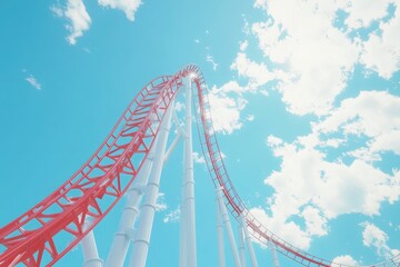 Fototapeta premium A stunning rollercoaster looms high in the air, curving dramatically against a vivid blue sky filled with soft, white clouds, inviting thrill-seekers to enjoy an exhilarating ride.