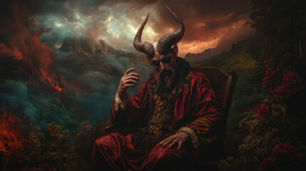 Fototapeta premium A devil depicted in a Renaissance painting, with elaborate features and classical attire, set against a backdrop of lush, dramatic landscapes and atmospheric lighting.