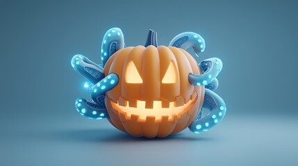 Fototapeta premium Glowing Deep Sea Creature Carved Pumpkin with Wrapping Tentacles - Halloween Decoration Concept