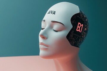 An advanced AI interface features a humanoid model with a smooth surface. The design highlights a digital display while emphasizing a clean, modern aesthetic.