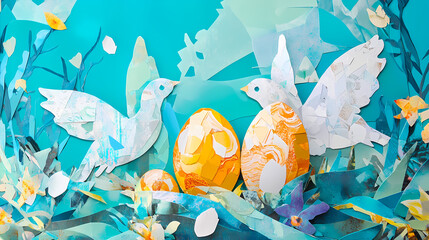 Paper collage artistic image of easter greeting image graduated shades of color in blue