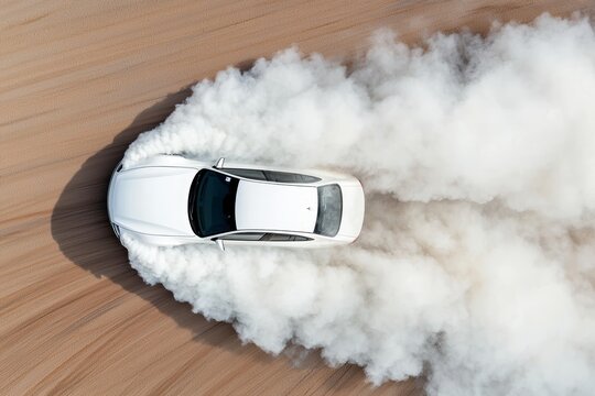 White car executing a drift on a wide racetrack, thick tire smoke engulfing the scene, top-view perspective capturing energy and speed