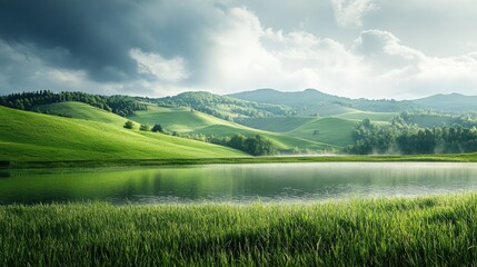 Fototapeta premium A scenic view of a tranquil lake surrounded by rolling green hills, with a misty atmosphere and a cloudy sky.