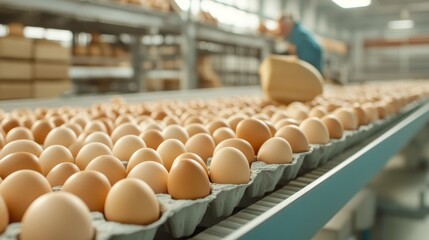 chickens laying eggs in clean, well-lit barns, rows of eggs moving on a conveyor belt toward packaging