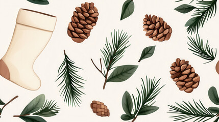 Festive holiday design featuring pinecones and greenery on a light background.