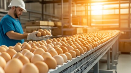 chickens laying eggs in clean, well-lit barns, rows of eggs moving on a conveyor belt toward packaging