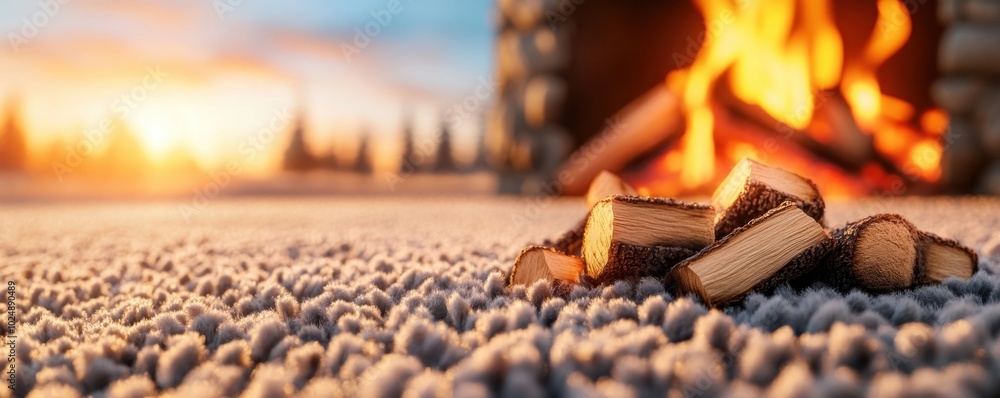 Poster warm and inviting cozy fireplace setting with fluffy carpet and logs, create a relaxing atmosphere i