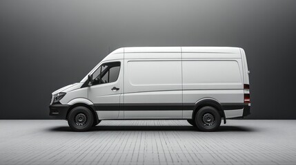 A side view of a white delivery van on a modern background.