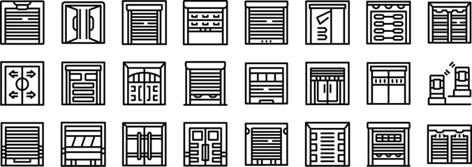 Shop entrance gate icons set. This set of icons presents a diverse range of garage doors, showcasing various styles and designs for residential and commercial buildings