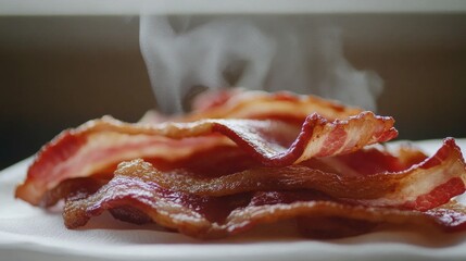 Obraz premium Crispy Bacon with Steam Rising in the Morning Light