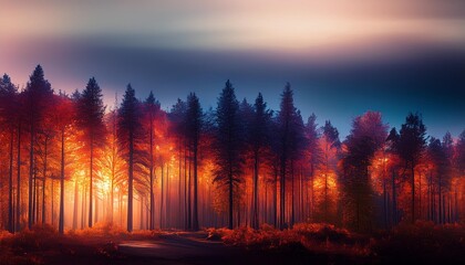 the dark of the evening covering the colorful forest
