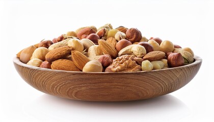 mixed nuts in wooden bowl on white background