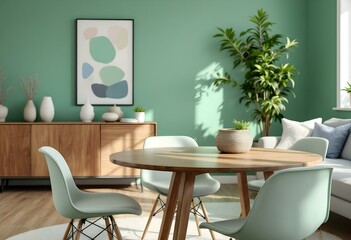 Scandi Mid-Century Living Room: Mint Chairs, Round Wood Table, Sofa, Cabinet, Green Wall