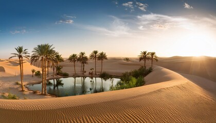 oasis in the middle of the desert sand dunes and palm trees ancient arabian desert oasis landscape at sunset with palm groves