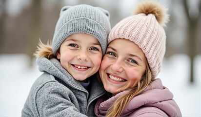 Mother with daughter walking in winter park. Family togetherness during the winter season. Perfect for family bonding, winter activities, and seasonal joy