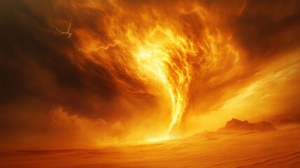 Obraz premium A fiery tornado with lightning strikes in the desert.