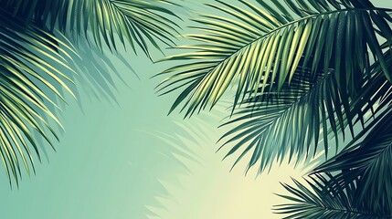 Obraz premium A minimalist vector illustration of palm fronds, bold and smooth lines, dark green color palette, placed on a pastel blue background, modern and sophisticated style, no additional elements,