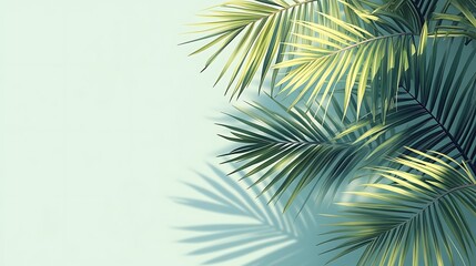 A minimalist vector illustration of palm fronds, bold and smooth lines, dark green color palette, placed on a pastel blue background, modern and sophisticated style, no additional elements,
