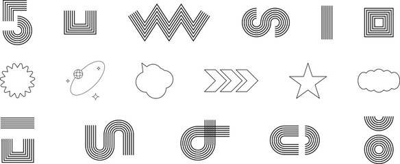 Line geometric arch and circle abstract shapes. Retro elements, vintage. Contemporary mid century line design set. Modern boho aesthetic stripes and grids. Bauhaus vector illustration.