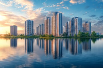 Fototapeta premium Modern Skyscrapers Reflected in a Calm Lake at Sunset