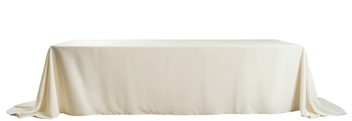  A rectangular table covered with a smooth, ivory tablecloth, isolated on white.  Perfect for showcasing tableware, event planning, or for designs related to dining, hospitality, and celebrations.