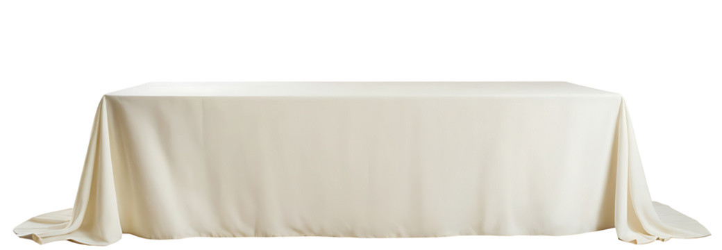  A rectangular table covered with a smooth, ivory tablecloth, isolated on white.  Perfect for showcasing tableware, event planning, or for designs related to dining, hospitality, and celebrations.