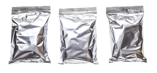 three set of aluminum foil food packaging bag isolated transparent background