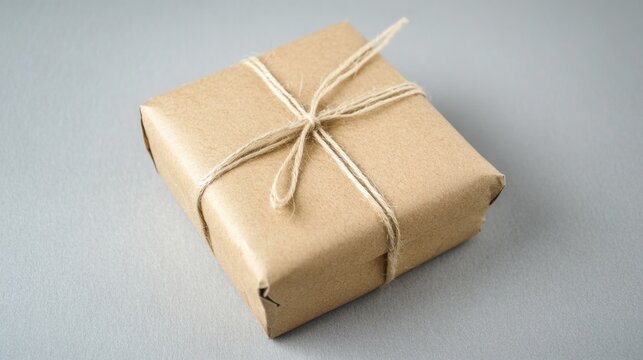 Small brown kraft paper package tied with twine, minimalistic and eco-friendly.