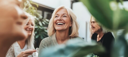 Group of Four Mature Women Happily Smiling and Enjoying a Friendly Outdoor Get-Together