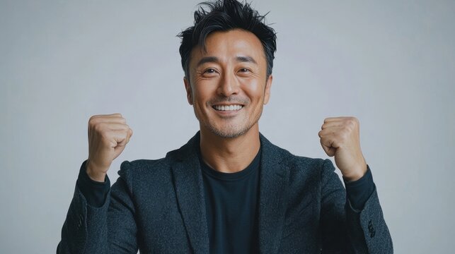 asian man in a victorious stance, with his arms up, on white background