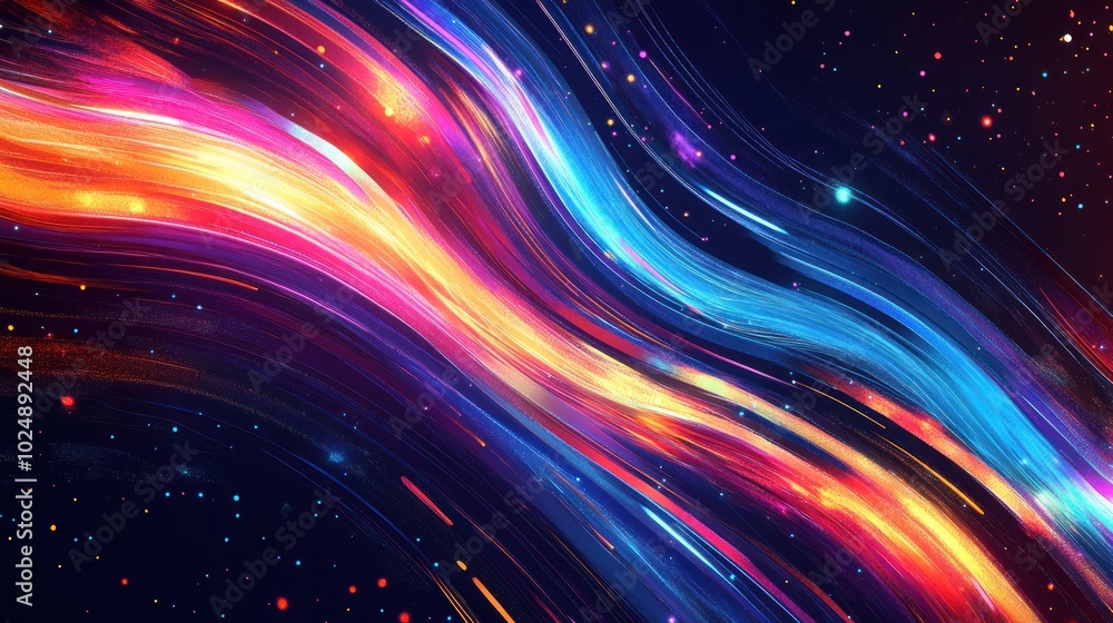 Aufkleber abstract wavy lines of colorful light with scattered glowing dots on a dark background